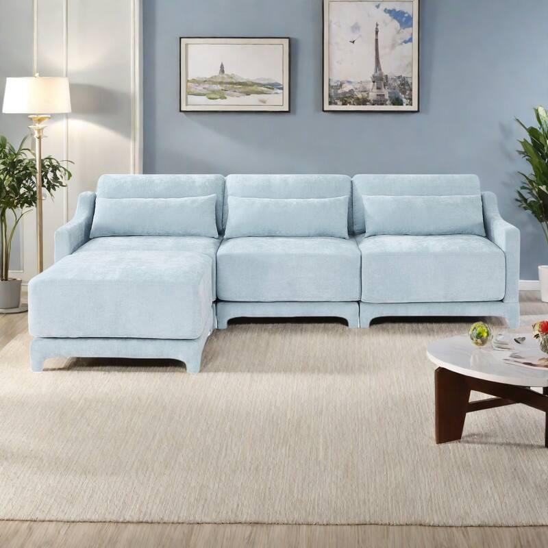 105.9" Chenille 3-Seater Sofa with 2 Movable Ottomans, High-Resilience Sponge and Solid Wood Base - Sky Blue