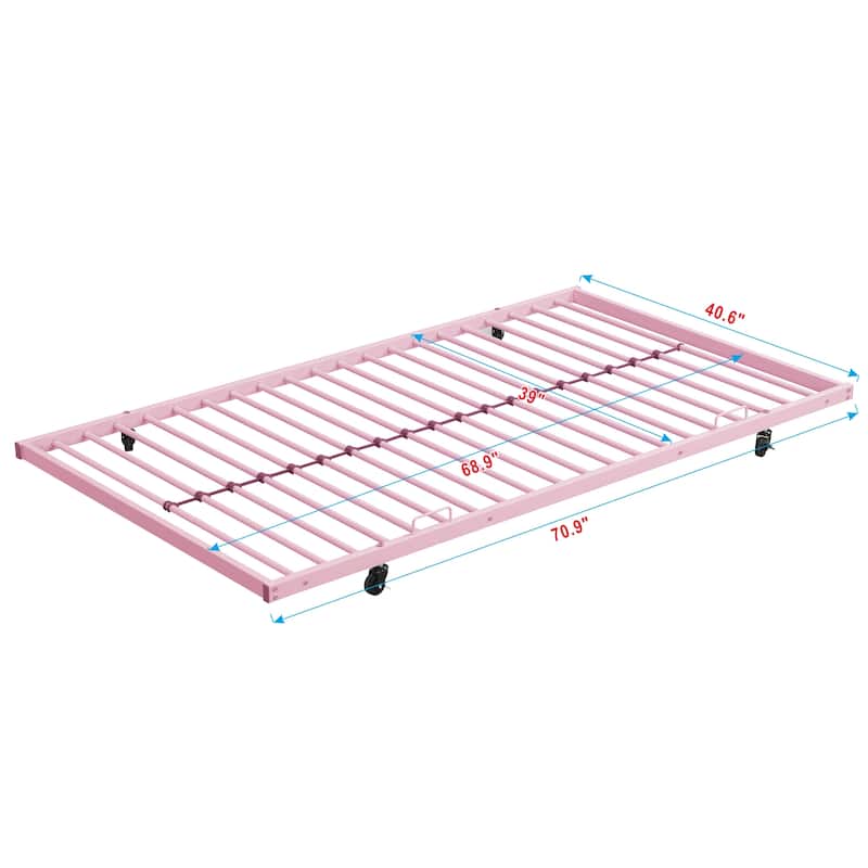 Pink Metal Bunk Bed with Trundle, Space-Saving, Sturdy Steel Frame, Easy Assembly, No Box Spring Needed