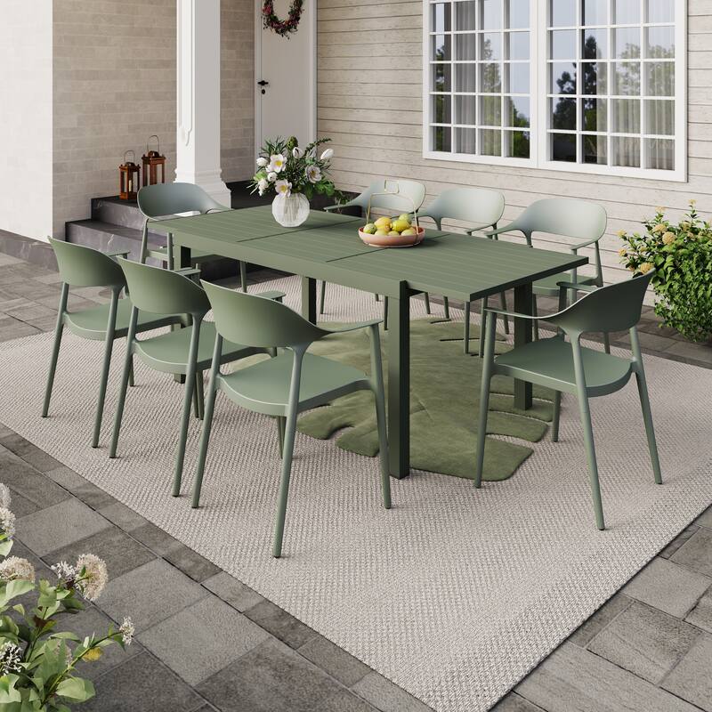 Outdoor Dining Set 9-Piece Stackable Plastic Lightweight Curved Backrest Armchair and Extendable Dining Table - Green chair & Light green table