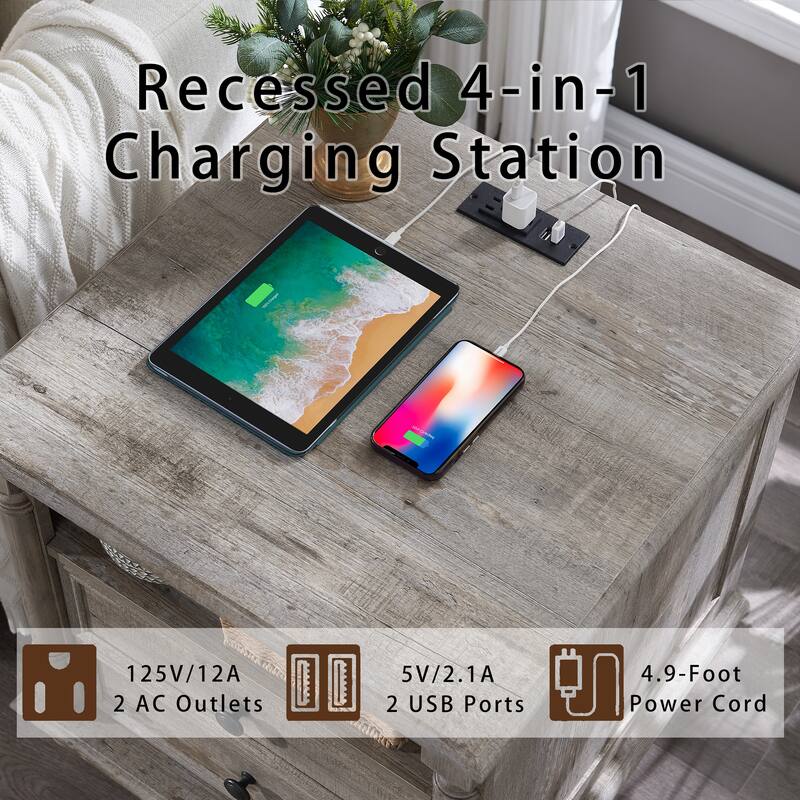 Farmhouse Nightstand Set of 2 with Solid Wood Feet, Charging Station