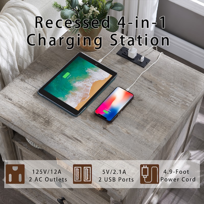 Farmhouse Nightstand Solid Wood Feet, Sofa Table with Charging Station