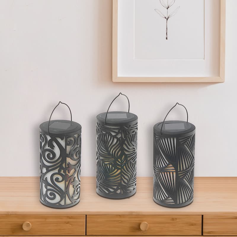 LED Solar Black Cylinder Lantern With Design