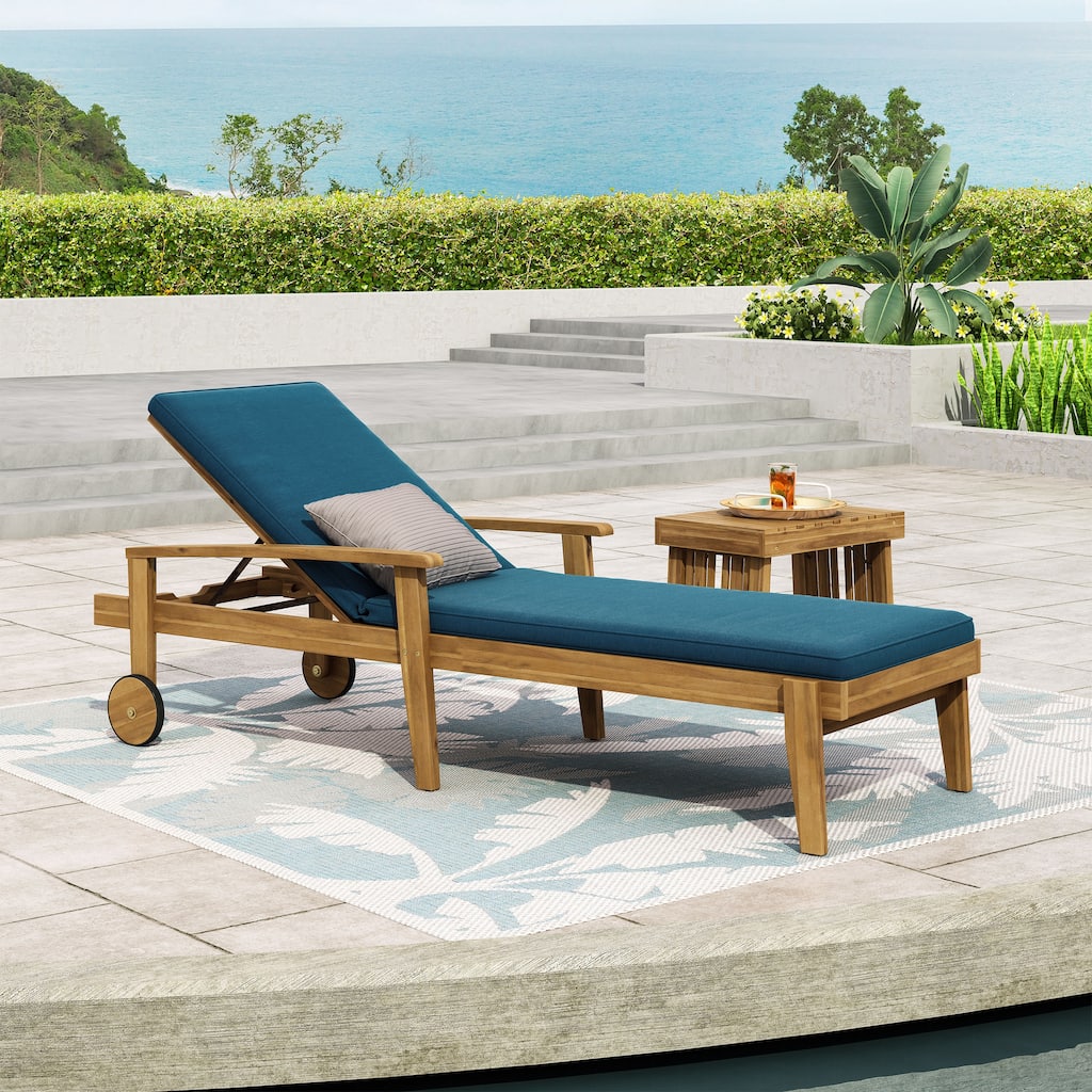 Outdoor Wood Chaise Lounge Single Chair with Wheels, Adjustable Backrest Recliner Sun Lounger for Pool Poolside Backyard