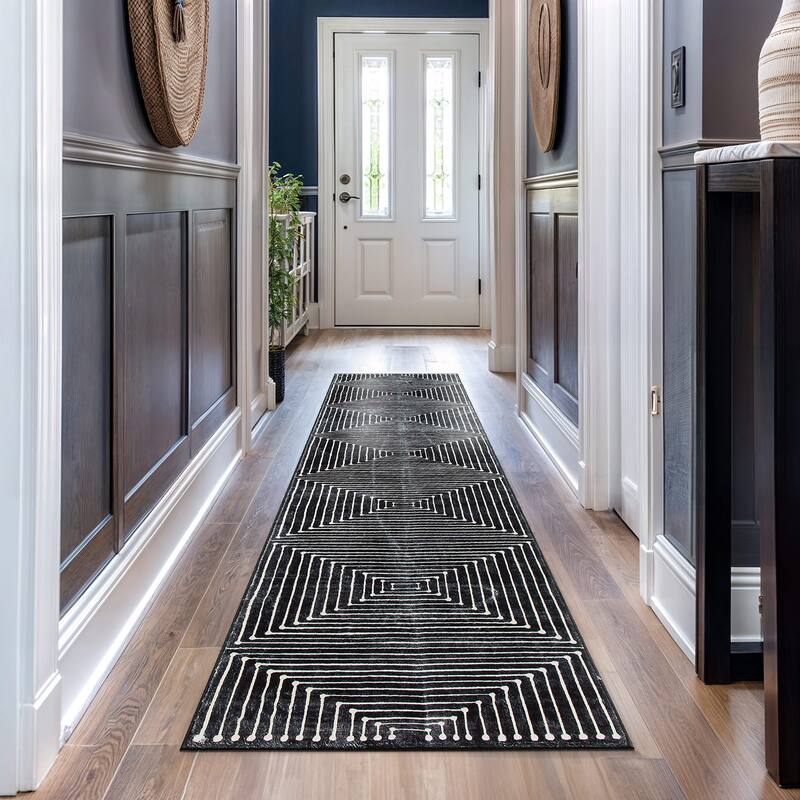 World Rug Gallery Bohemian Stripes Washable Non Slip Area Rug - Black - 2'x10' Runner