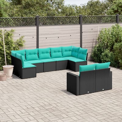 vidaXL 9/10 Piece Patio Sofa Set with Cushions Black Poly Rattan - 24.4" x 24.4" x 27.2"
