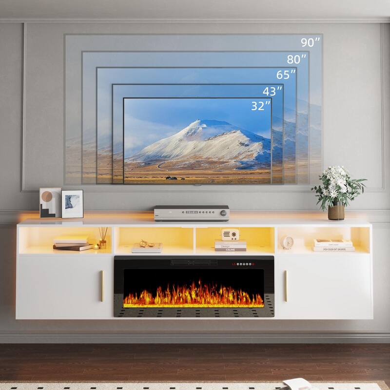 BOSSIN 80" Floating TV Stand with 36" Electric Fireplace, High Gloss Finish Wall Mounted Fireplace TV Stand with Storage