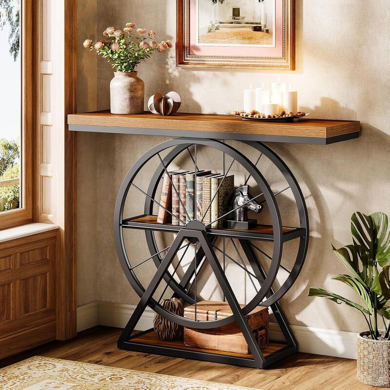 39.4" Console/Entryway Table, Industrial 3-Tier Sofa Table with Fixed Wheel Base - 39.37" L x 11.8" W x 33.46" H - Rustic Brown