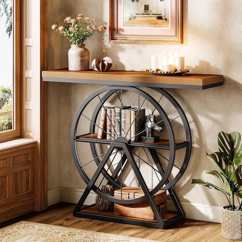 39.4" Console Table, Industrial 3-Tier Entryway Accent Table with Wheel Base - 39.37" L x 11.81" W x 33.46" H - Rustic Brown / Black
