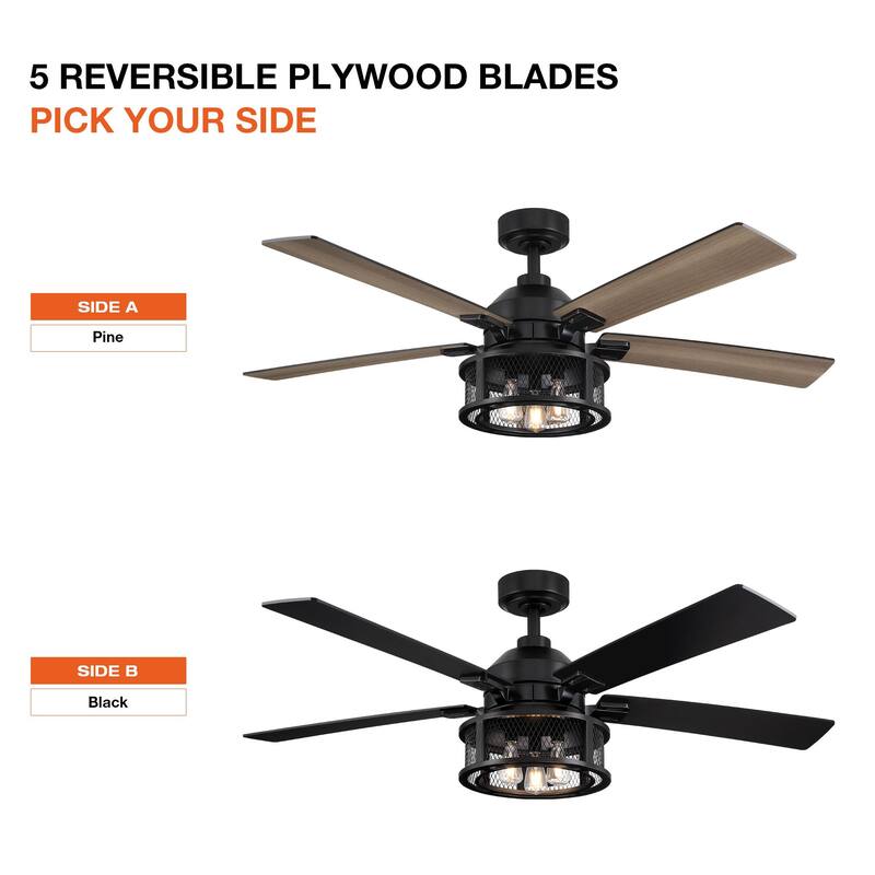 52" Industrial Reversible Wood 5-Blade Black Ceiling Fan with Light and Remote