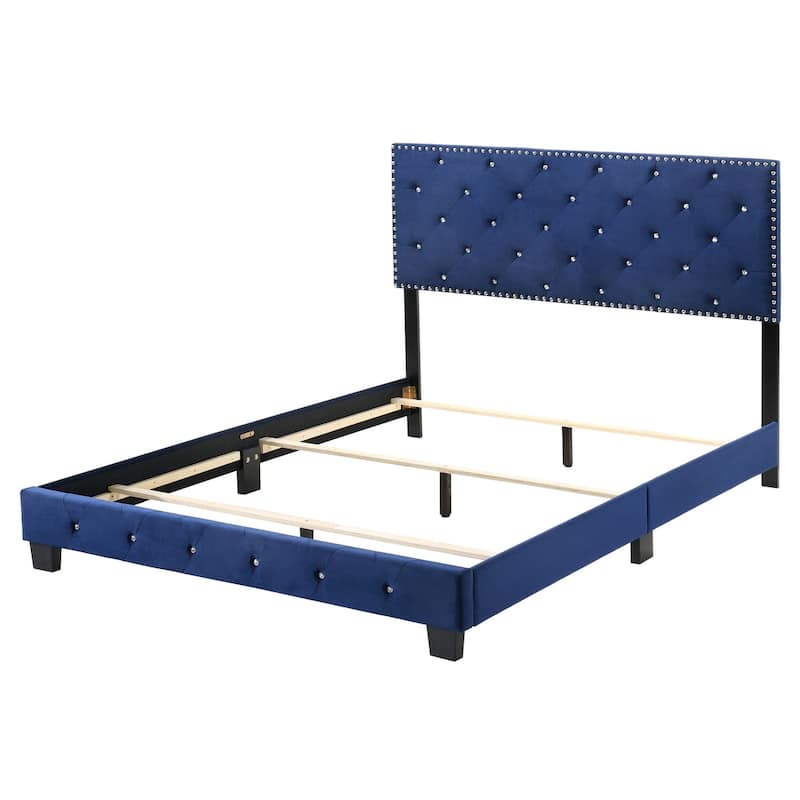 Velvet Tufted Faux Jewel Upholstered Full Panel Bed - 77" - Blue