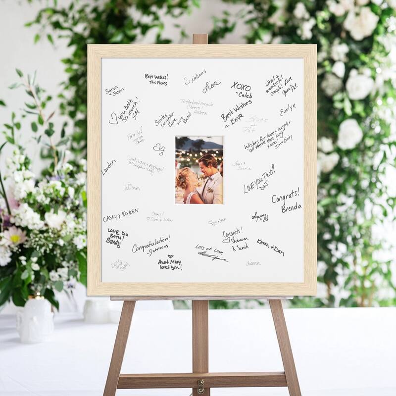 Woodgrain Signature Mat Picture Frame - Autograph Photo Frame Guest Book Alternative for Weddings, Graduations, or Retirement - 5x7 - Woodgrain Stripe Blonde