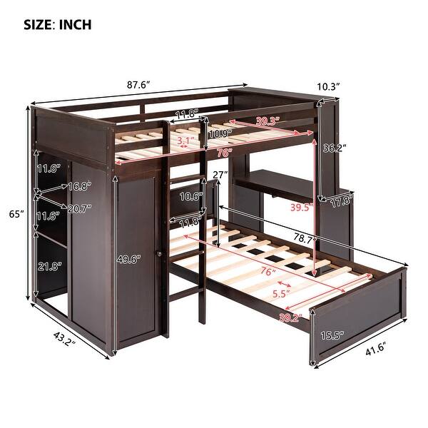 dimension image slide 0 of 2, Multi-Functional Twin Size Loft Bed with Wardrobe,Stand-Alone Bed and Work Desk Under