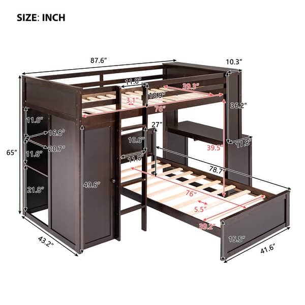 dimension image slide 0 of 2, Twin Loft Bed with a Stand-alone bed, Shelves, Desk and Wardrobe, Black