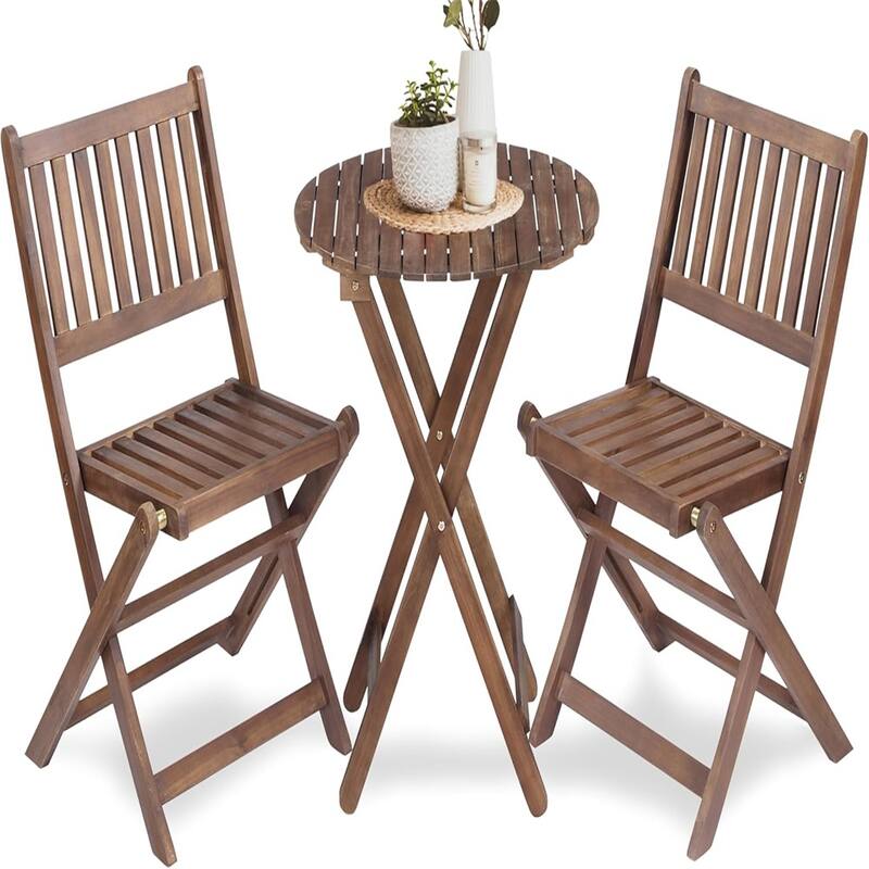 Brown Acacia Wood Bistro Set Compact Table and Chairs for Indoor and Outdoor Use - 19" x 21" x 32.5"