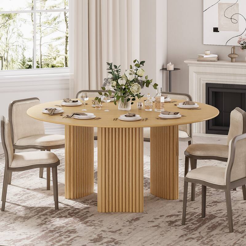 Modern Round Dining Table with Striped Column Legs Solid Wood Kitchen Table Anti-Scratch Footpads