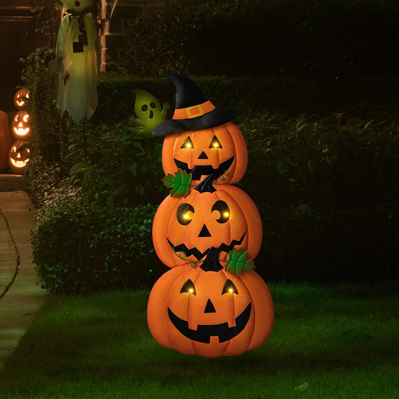 Glitzhome Lighted Halloween Metal Stacked Jack-O-Lantern Yard Stake Hanging Sign with Timer
