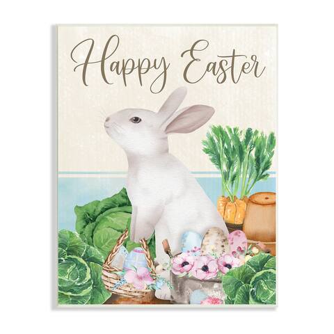Stupell Industries Happy Easter Bunny Rabbit Greens Eggs Basket Wood Wall Art - Green