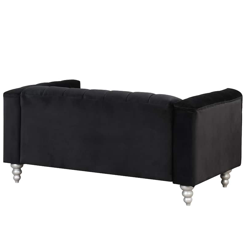 Black Dutch Fluff Upholstered Couch with Wood Legs and Buttoned Tufted
