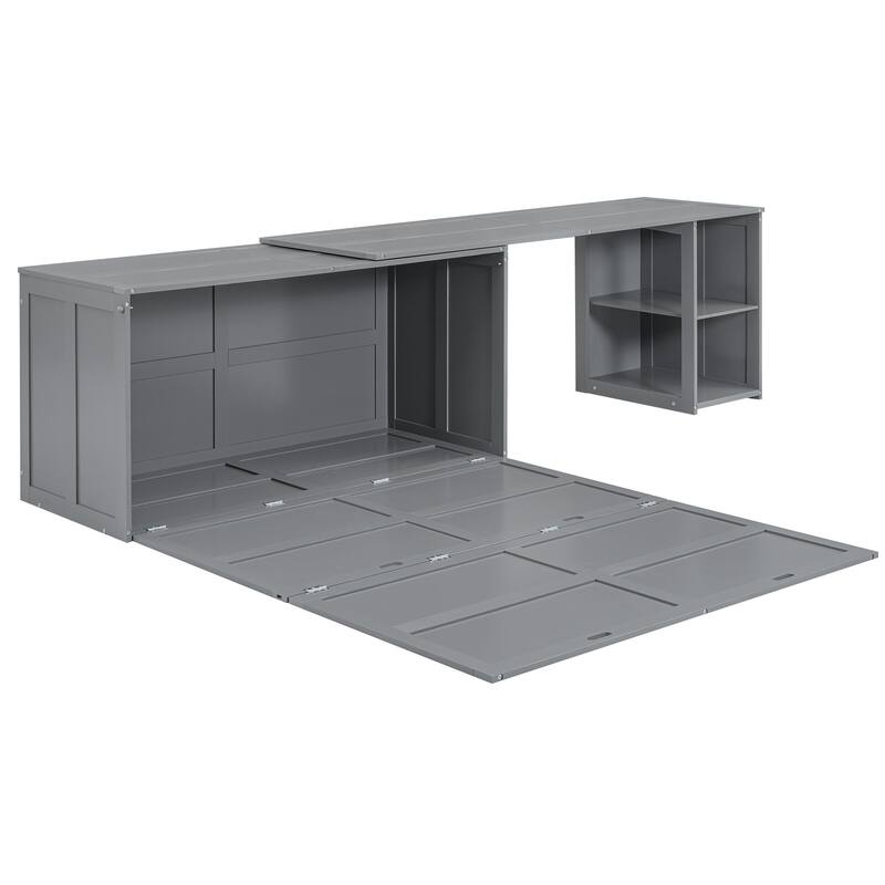 Grey Pine Wood & MDF Queen Size Murphy Bed with Rotatable Desk and Storage Shelves