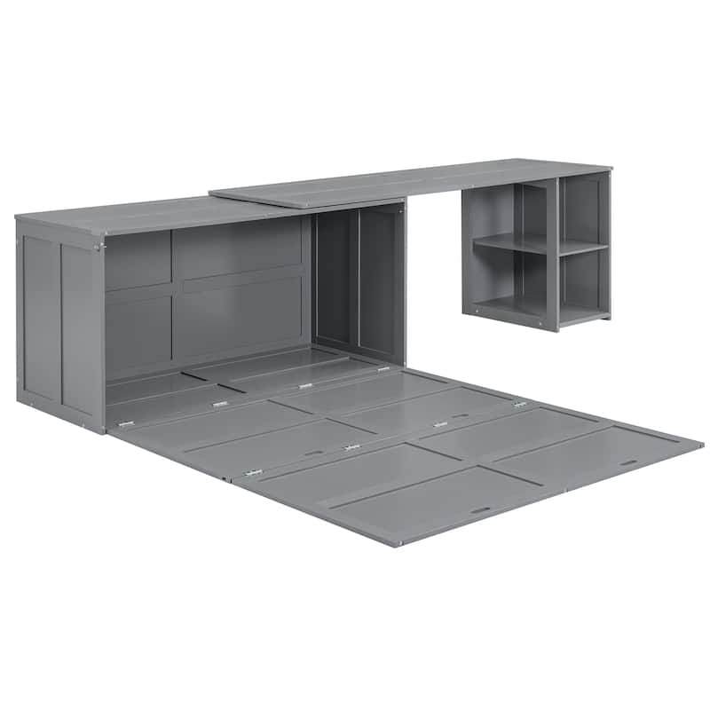 Grey Queen Murphy Bed in Pine Wood & MDF with Rotating Desk and Storage Shelves