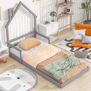Twin House-Shaped Headboard Floor Bed with Handrails ,slats