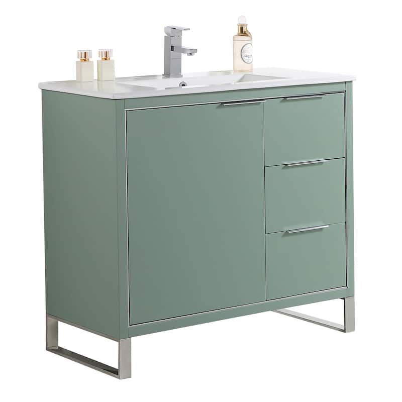 Fine Fixtures Opulence Collection Bathroom Vanity with White Ceramic Sink - 36 Inch - Mint Green - Chrome Hardware
