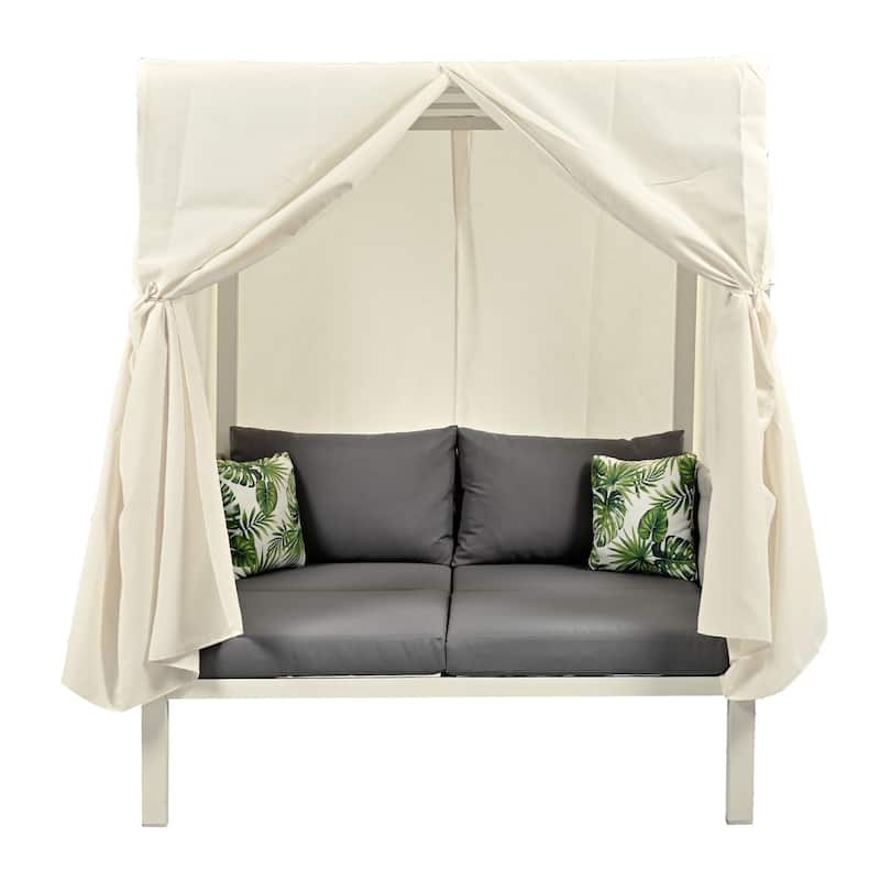 Outdoor Rattan Canopy Daybed Sunbed with Curtain & Woven Rope Arm