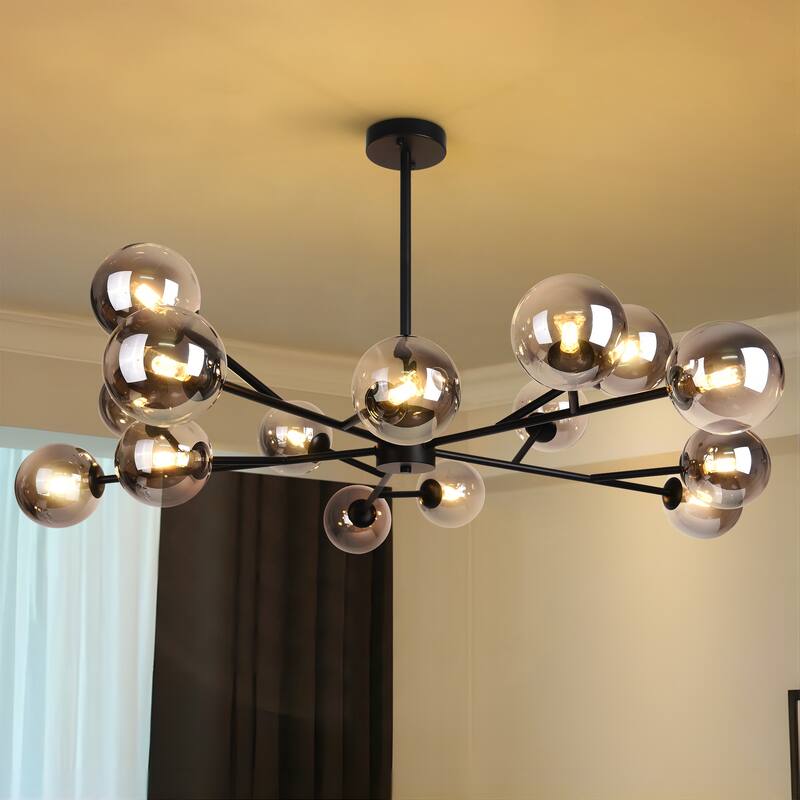 15-Light Modern Linear Sputnik Kitchen Island Light Branch Cluster Glass Globe Bubble Chandelier - Black Smoked Glass - Black