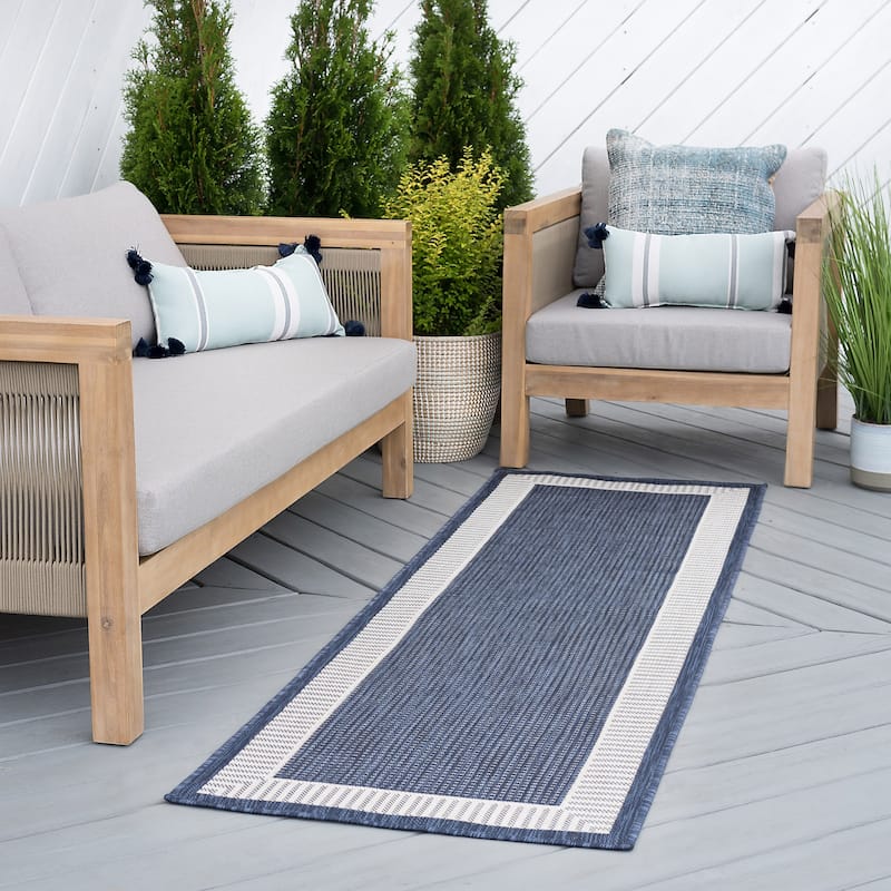 Exo Coastal Striped Border Indoor/ Outdoor Area Rug - 2'2'' x 7'3'' - Navy/Cream