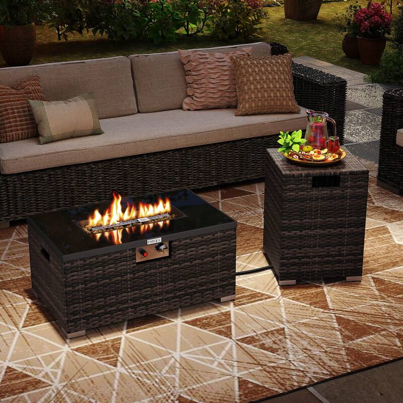 Costway 2 PCS Outdoor Rattan Fire Table Set with Tank Cover Tempered - See Details