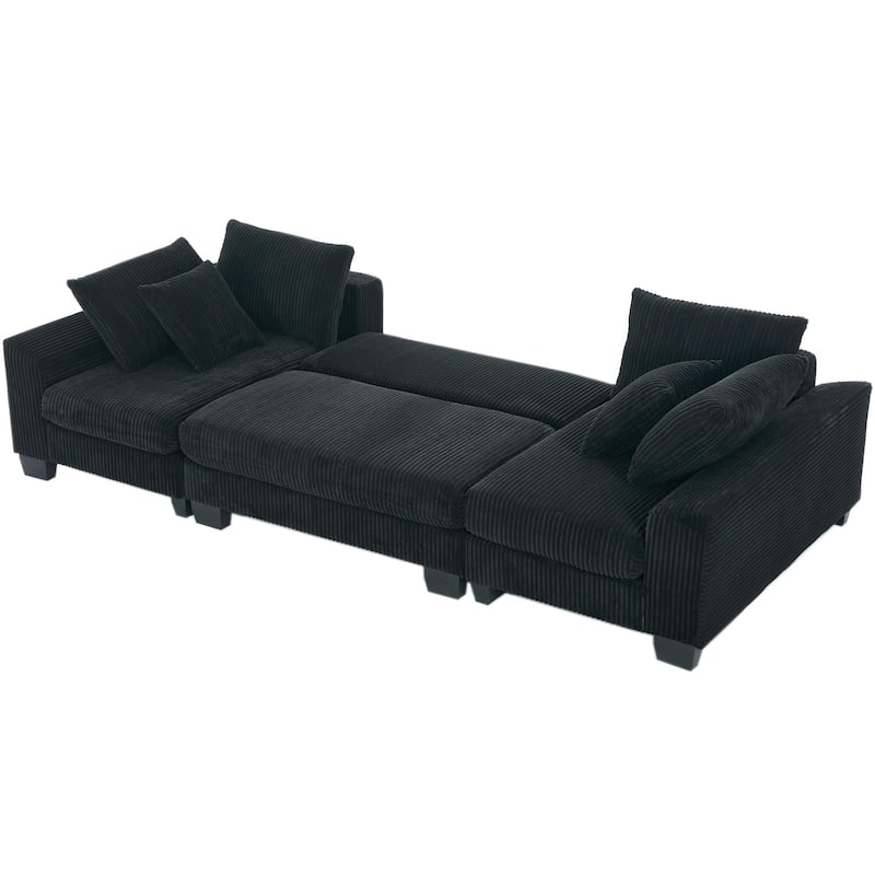 114" Corduroy U-Shaped Sleeper Sofa with Pull-Out Bed, 4 Back Cushions and 2 Throw Pillows