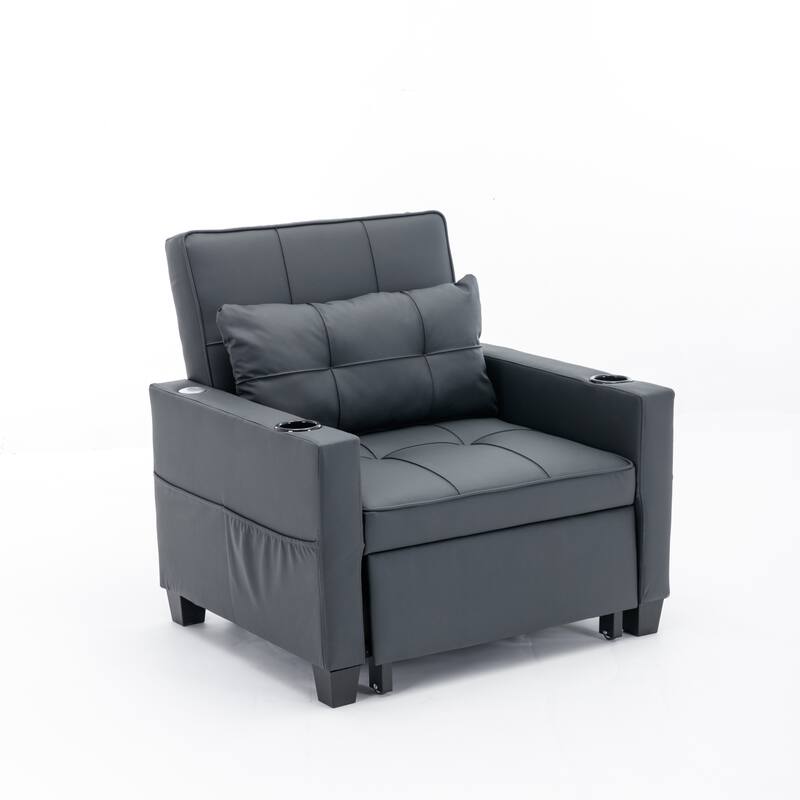 Leather Futon Armchair Bed with USB, Cup Holders & 3-Position Backrest