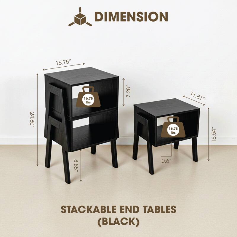 Lido Stackable Space-Saving End Tables (Set 2) in Black Pine - Black - 2-drawer