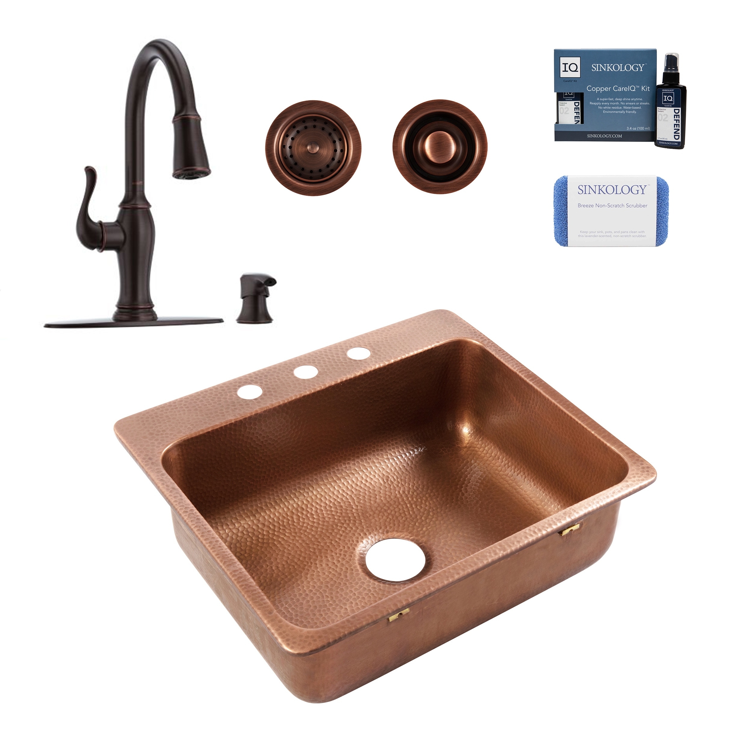 Angelico All-In-One Copper Drop-In 33 in. 3-Hole Single Bowl Kitchen Sink with Pfister Bronze Faucet and Drain Angelico All-In-One Copper Drop-In 33 in. 3-Hole Single Bowl Kitchen Sink with Pfister Bronze Faucet and Drain