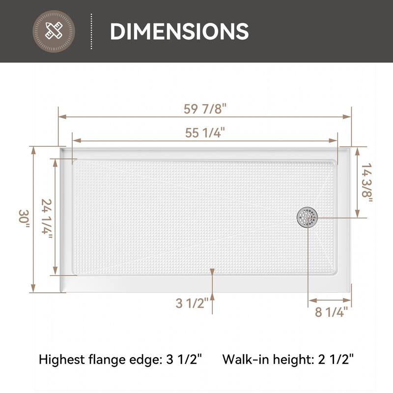 HOROW 60 x 30 Inch Alcove Shower Pan Base in High Gloss White with Wide Threshold Design - Right Drain Location