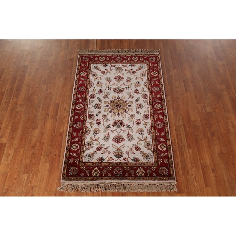 Floral Ivory Agra Indian Foyer Rug Hand-Knotted Wool Carpet - 3'1"x 5'1"