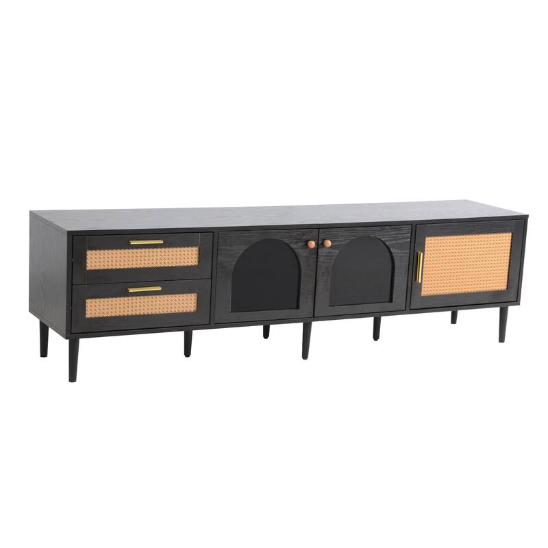 Modern Media Console with Rattan Design, LED Lights & Storage for TVs up to 80" - Living Room & Bedroom TV Stand