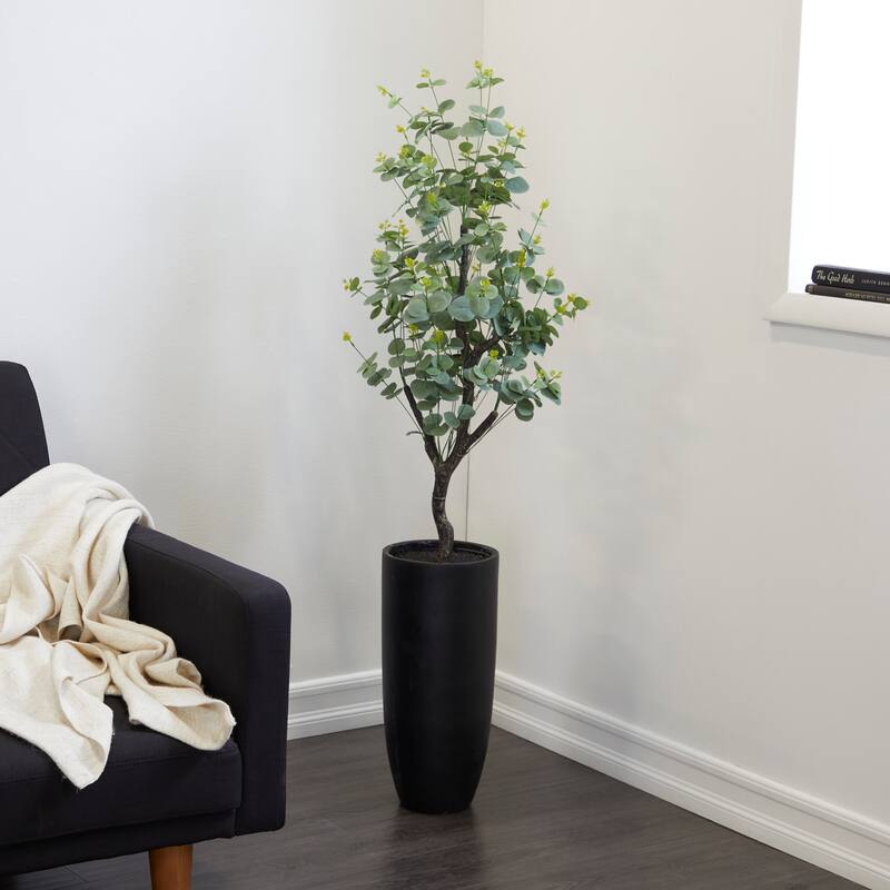Green Faux Foliage Eucalyptus Artificial Tree with Realistic Leaves and Black Plastic Pot - 26.00 x 26.00 x 57.00 - Green