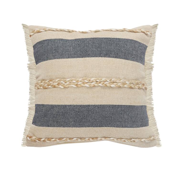HomeRoots 20" X 20" Denim Blue Tan And Taupe Jute Coastal Zippered Pillow