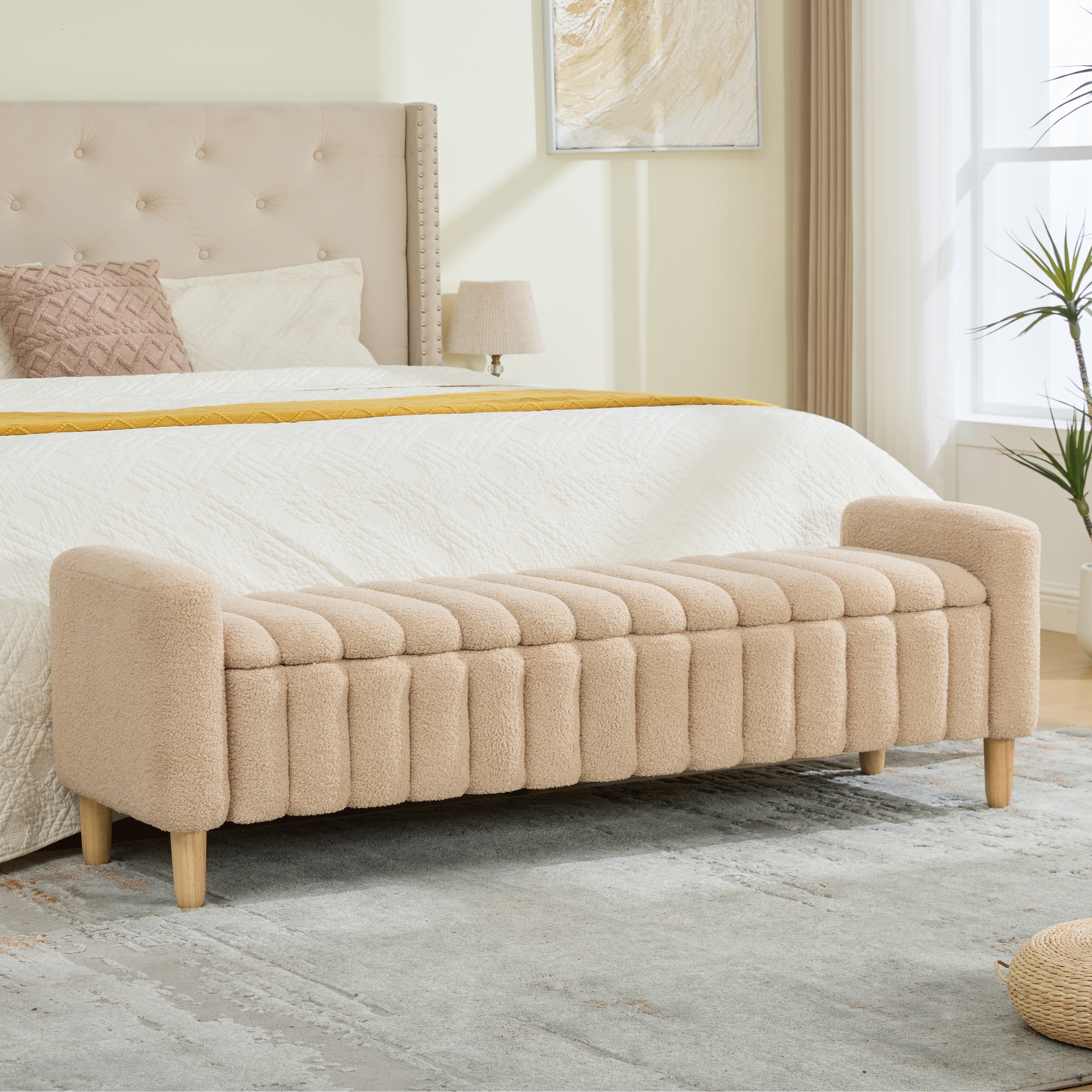 63.4"W Teddy Storage Bench with Armrests,Modern Upholstered End of Bed Bench,Entryway Stool