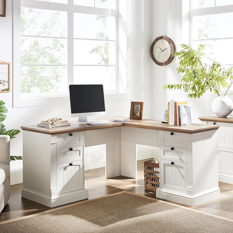 Farmhouse Computer Desk, Wood Home Office Desk with Charging Station