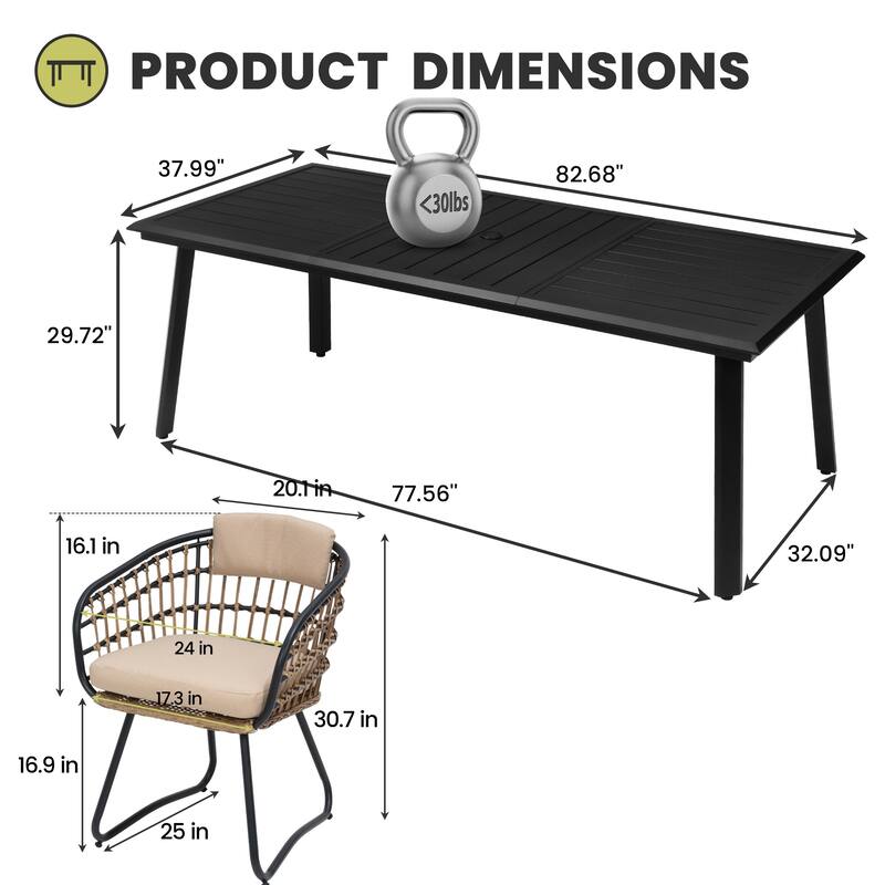 7/9/11-Piece Set Outdoor Aluminum Dining Table with Umbrella Hole and PE Rattan Chairs