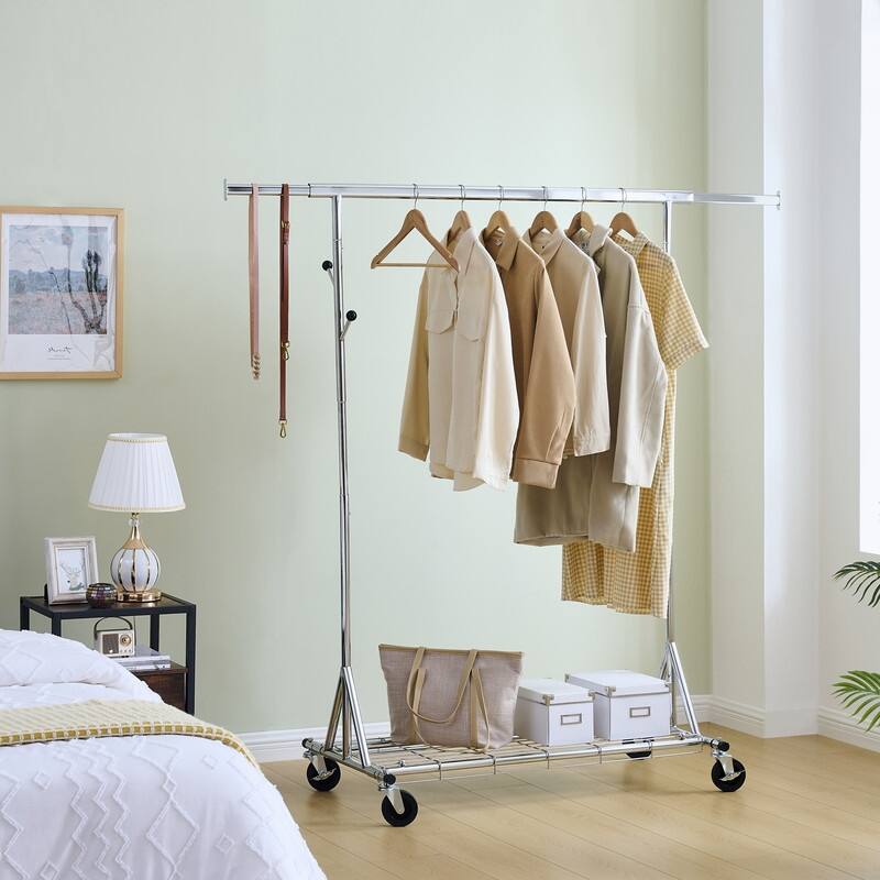 Mieres Clothing Rack, Collapsible Clothing Rack Max Capacity 600lbs, Industrial Rolling Rack with Bottom Shelf
