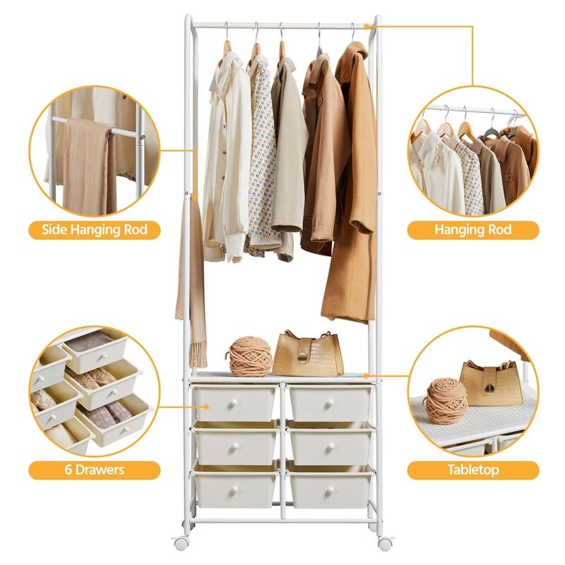 Yaheetech Freestanding Garment Rod with Storage Boxes, Clothes Rack with 6 Drawers, Beige