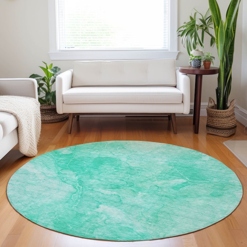 Machine Washable Indoor/ Outdoor Chantille Abstract Watercolor Rug - Teal - 8' x 8'