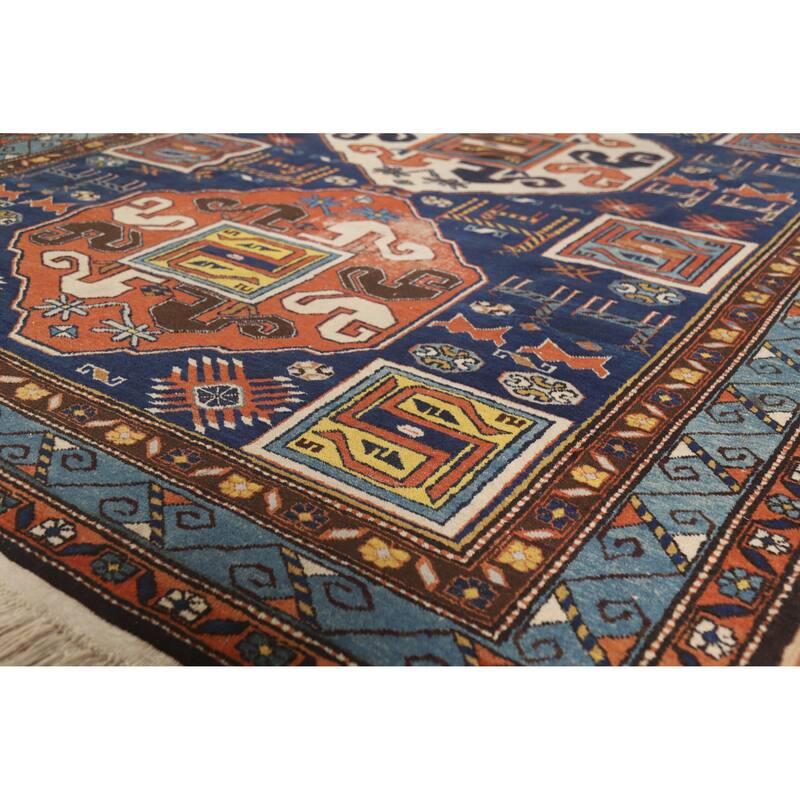 Hand Knotted Oriental 100% Wool Carpet Traditional Tribal Navy Blue & Blues Kazak Area Rug - 10' 0'' X 6' 7''