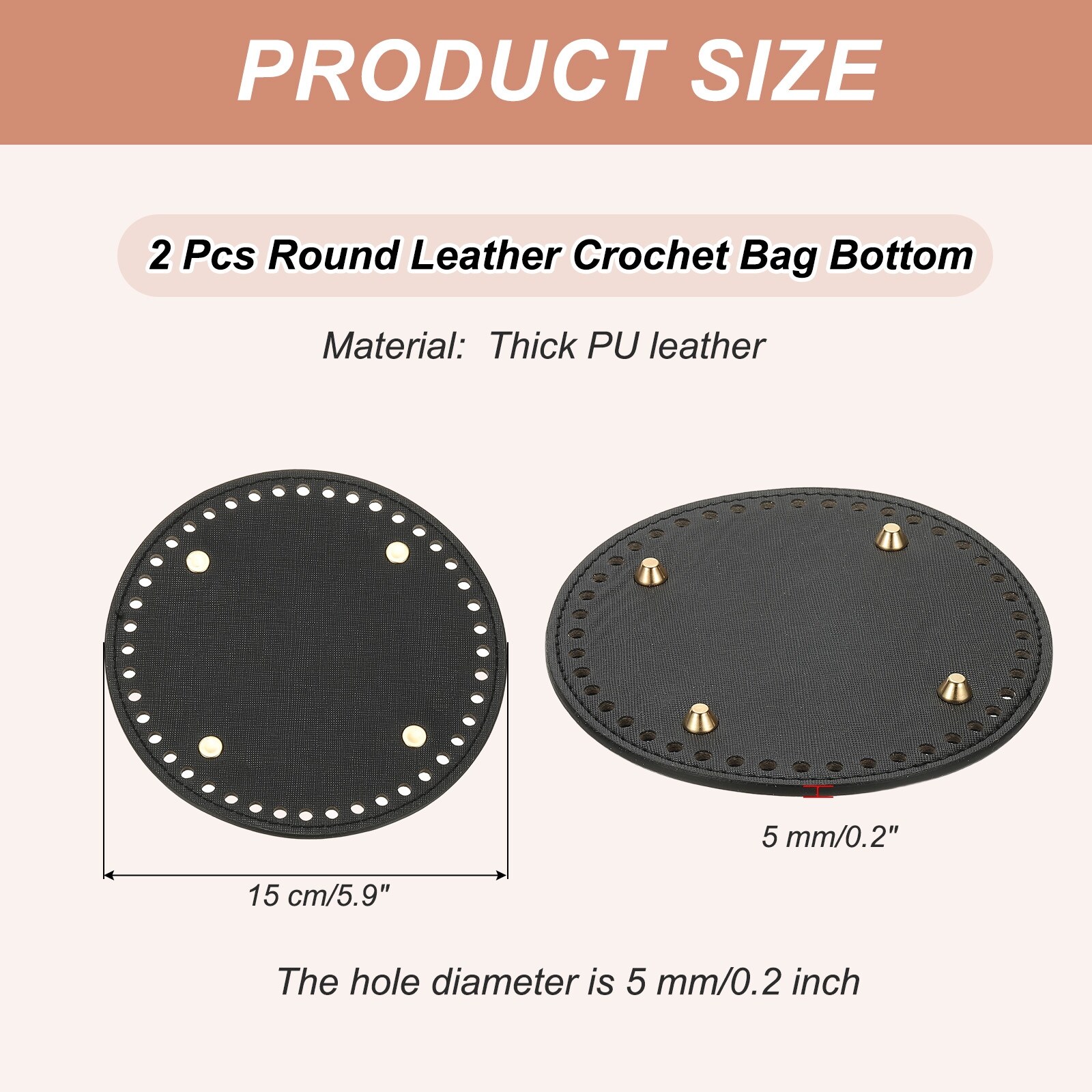 Round Leather Crochet Bag Bottom with Holes - 5.9" x 5.9"