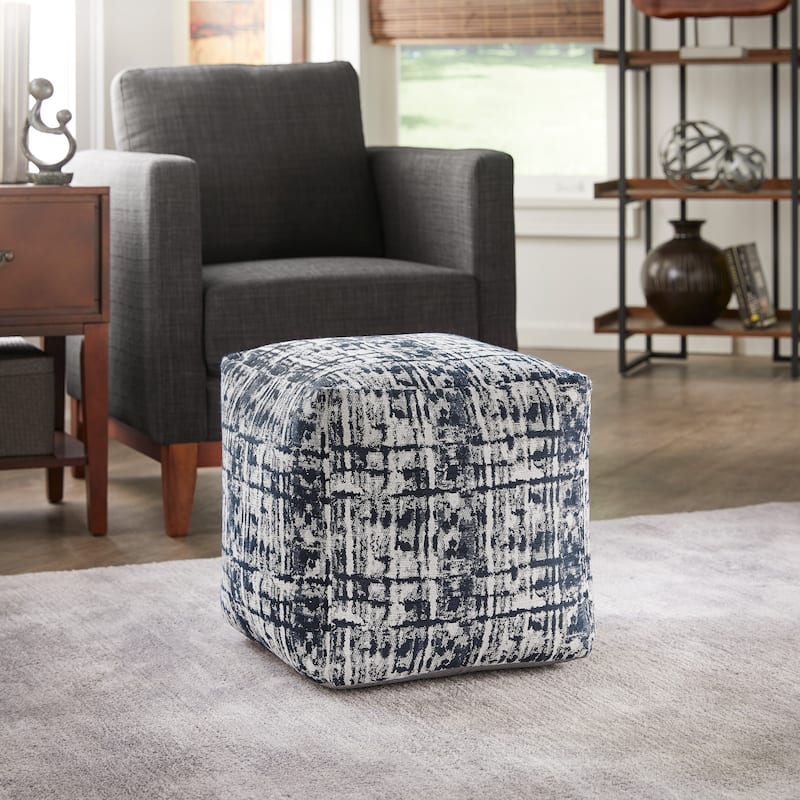 Brunico Upholstered Square Pouf Ottoman by iNSPIRE Q Bold - Blue & Ivory Abstract Pattern Fabric