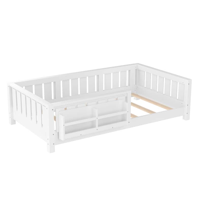 Low Profile Montessori Bed Floor Platform Bed with Fence and Bookshelf