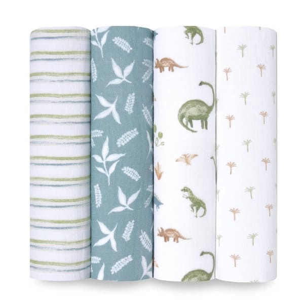 slide 2 of 5, aden + anais essentials cotton muslin swaddle blanket 4 pack dino jungle